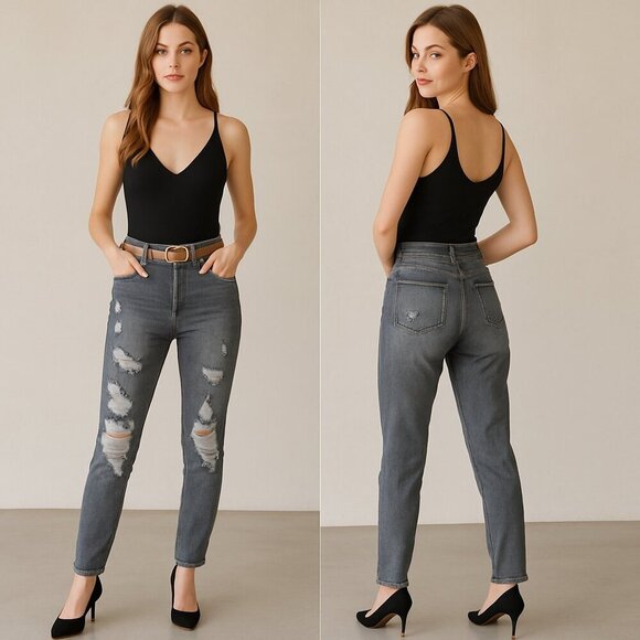 ✨ RISEN 🌟 Women’s High-Rise Gray Distressed Relaxed Skinny Jeans 👖 – Sz 27/5 ✨ - Picture 1 of 15